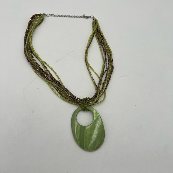 Olive Avocado Green Shell Pendant Multi-Strand Seed Bead Necklace - Boho Mermaid - Picture 3 of 4